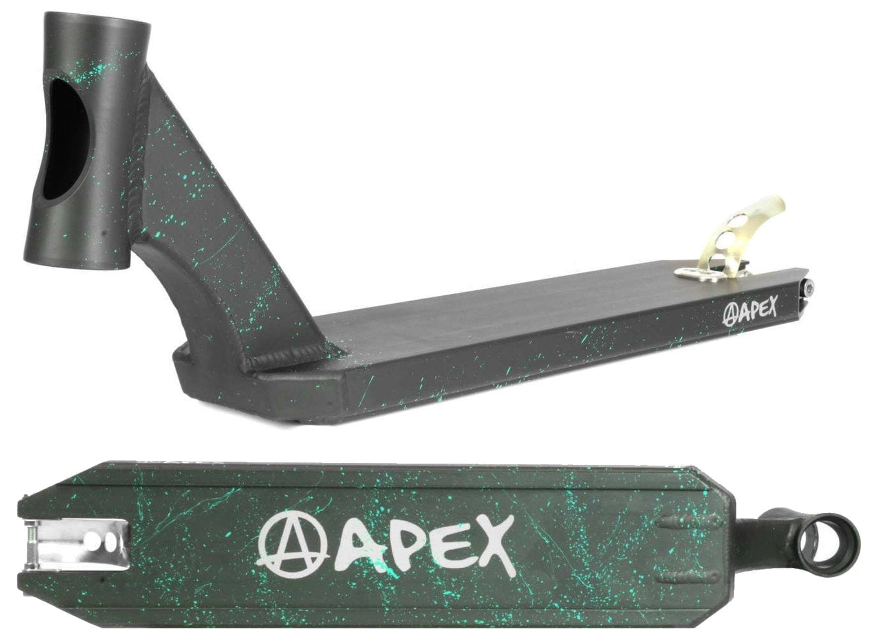 The Apex Pro Black Splash Stunt Scooter Deck - 4.5" x 19.3" boasts a sleek black design accentuated with green speckles, embodying the durability that garners its reputation as the world's best scooter deck. The bold white "APEX" logo is prominently displayed on the side, visible from both a side angle and a top view.