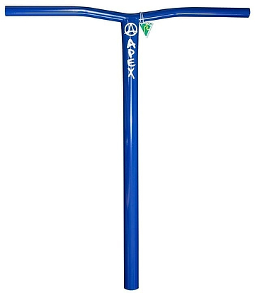 The Apex Bol Steel Standard SCS Stunt Scooter Bars in blue, measuring 590mm x 560mm, proudly display the brand name "APEX" and are expertly crafted from durable 4130 Chromoly Steel. This Australian-made handlebar features a distinctive "T" shape, with slightly curved ends and a small green tag for added style.