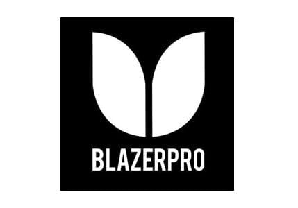 The Blazer Pro Logo Sticker - Black showcases a striking white, abstract leaf-like logo set on a black square, with bold white "BLAZERPRO" text beneath it. This captivating design is perfect as a medium-sized sticker to express your passion for Blazer Pro.