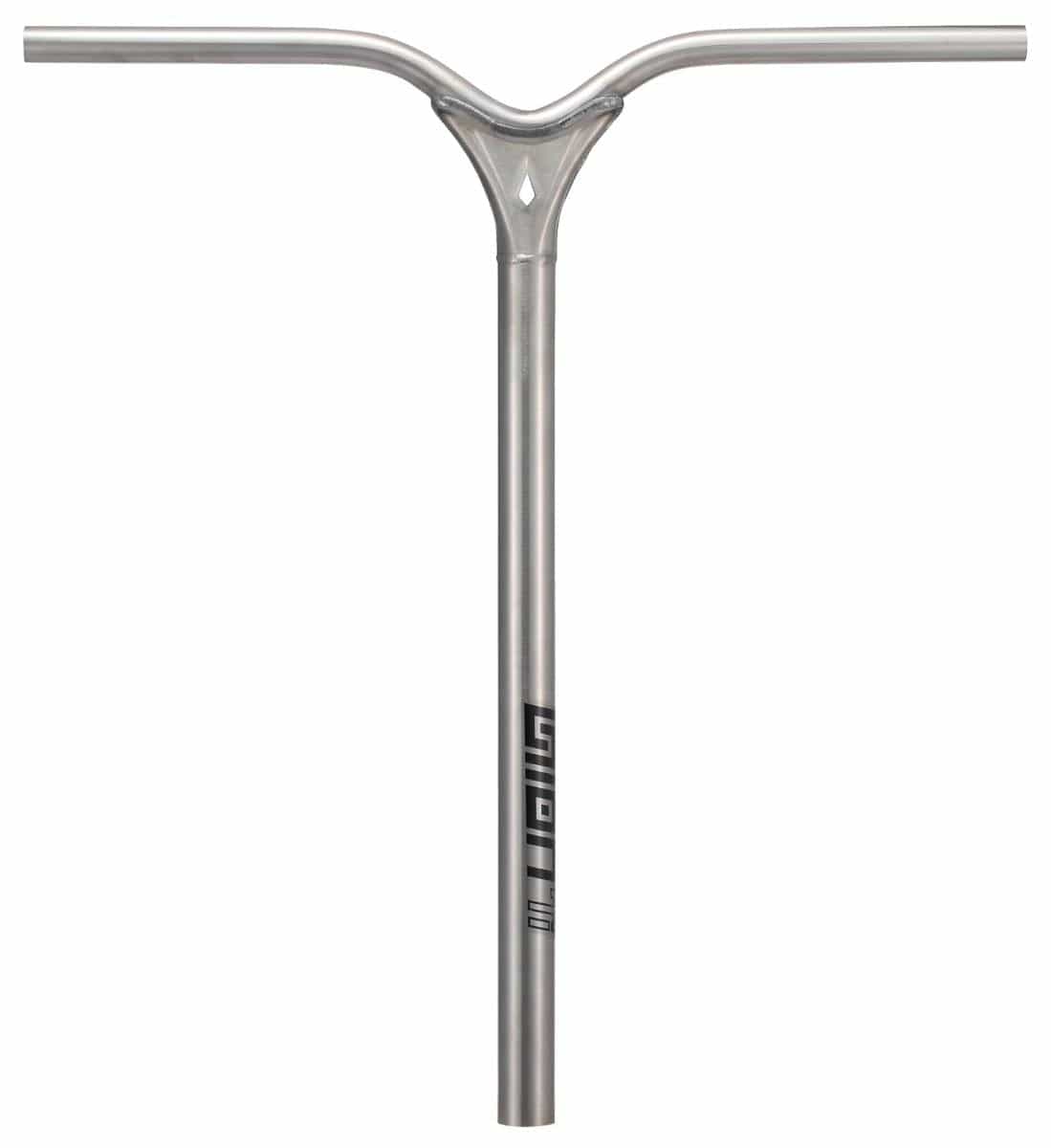 The Blunt Envy Union Titanium Oversized HIC Stunt Scooter Bars in Raw Silver, measuring 650mm x 580mm, feature a sleek Y-shaped design with a small black logo near the base, making them ideal for stunt scooter enthusiasts.