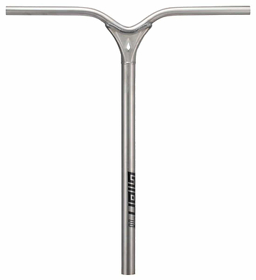 The Blunt Envy Union Titanium Oversized HIC Stunt Scooter Bars in Raw Silver, measuring 650mm x 580mm, feature a sleek Y-shaped design with a small black logo near the base, making them ideal for stunt scooter enthusiasts.
