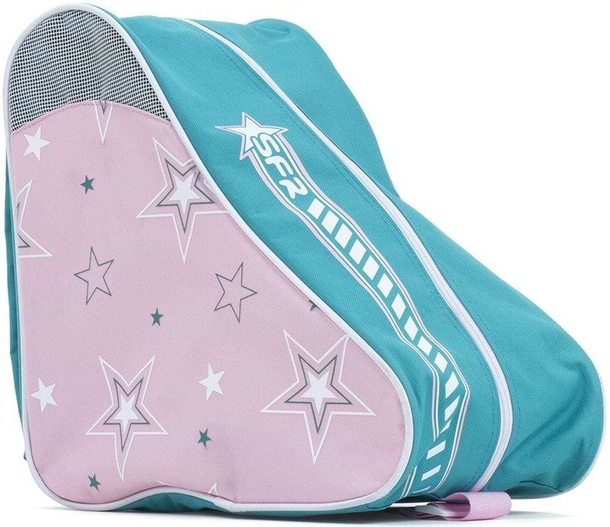 The SFR Star Skate Bag - Pink / Green features a turquoise and pink star pattern with a side zipper and "SFR" branding. It includes adjustable straps for comfort. Its water-resistant material keeps your roller skates safe, while the structured design ensures durability.