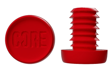A premium quality resin object in red, with the word "CORE" embossed on the flat surface, is paired with a grooved red cylindrical piece for sleek and durable bar ends, part of the CORE Standard Scooter Bar Ends - Red collection.