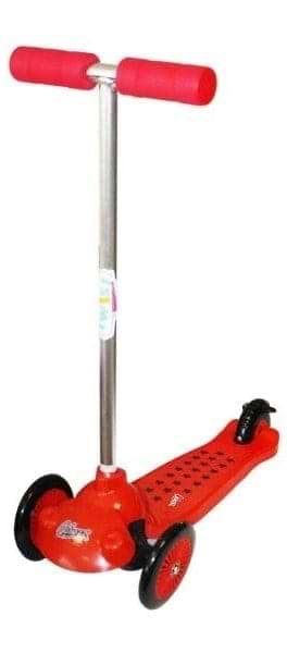 The Ozbozz Trail Twist V3 Kids Tri-Scooter in red features three wheels and is designed with black wheels and a silver handlebar, complete with red grips. It includes a tilt-to-steer design for improved confidence, and its deck has perforations along with the Trail Twist sticker prominently displayed on the front.