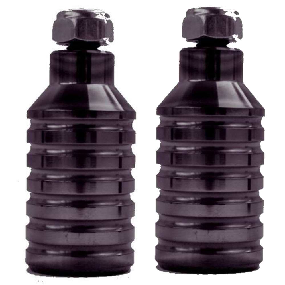 Standing side by side against a white background are two black, ribbed Dare Sports Stunt Scooter Pegs from the Dare brand. With their hexagonal tops and CNC-machined construction, they resemble sleek and sturdy industrial components or tools, showcasing precision and durability.