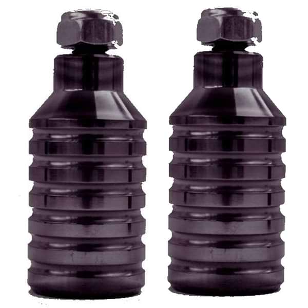 Standing side by side against a white background are two black, ribbed Dare Sports Stunt Scooter Pegs from the Dare brand. With their hexagonal tops and CNC-machined construction, they resemble sleek and sturdy industrial components or tools, showcasing precision and durability.