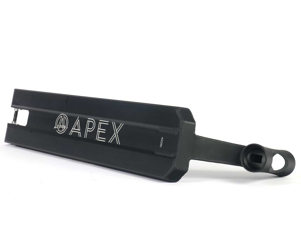 The Apex Pro Black Boxed Stunt Scooter Deck by Apex boasts a sleek, angular design with "APEX" prominently displayed in white. Constructed with T6 heat treatment for enhanced durability, the deck features boxed ends and a visible headtube set against a pristine black background.