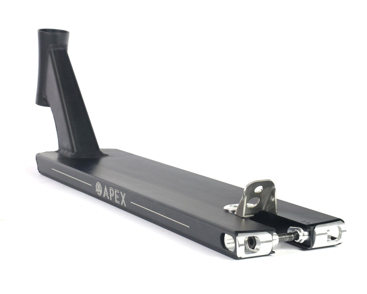 The Apex Pro Black Boxed Stunt Scooter Deck, measuring 5" x 20.9", features silver accents with the word "Apex" elegantly inscribed on the side. It is designed with boxed deck ends, an angular neck for handlebar connection, and rear axle mounts for wheel attachment. The deck's durability is enhanced by T6 heat treatment.