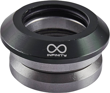 Introducing the Infinity Integrated Stunt Scooter Headset - Blackops by Infinity: a CNC-milled metal component with a sleek, dark outer ring engraved with an infinity symbol and "INFINITY." This polished piece includes grooves and sealed bearings, likely designed as part of a stunt scooter or larger machinery.