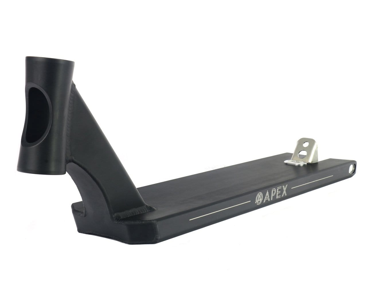 The Apex Pro Black Boxed Stunt Scooter Deck - 5" x 20.9" features a sleek matte black finish with the "Apex" brand name in white. This deck is designed for freestyle or stunt scootering, offering a sturdy headtube, rear brake mount, durable T6 heat treatment, and boxed deck ends to enhance performance.