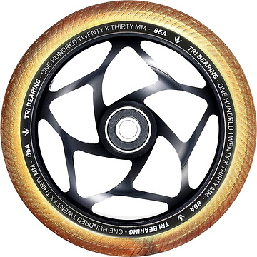 The Blunt Envy Tri-Bearing 120mm x 30mm Scooter Wheel in Black/Gold boasts a sleek black rim and a 120mm diameter, enhancing control with its innovative Tri-Bearing design.