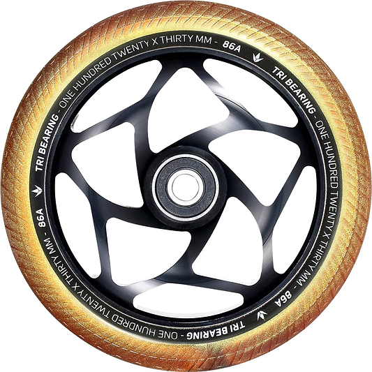 The Blunt Envy Tri-Bearing 120mm x 30mm Scooter Wheel in Black/Gold boasts a sleek black rim and a 120mm diameter, enhancing control with its innovative Tri-Bearing design.