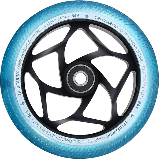 A close-up of a Blunt Envy Tri-Bearing 120mm x 30mm scooter wheel in teal and black highlights its sophisticated Tri-Bearing design and intricate spoke pattern. The tire, labeled "120x30mm" with an "86A" hardness rating, features a 30mm wide profile for enhanced control. Its center hub is sleek, black, and circular.