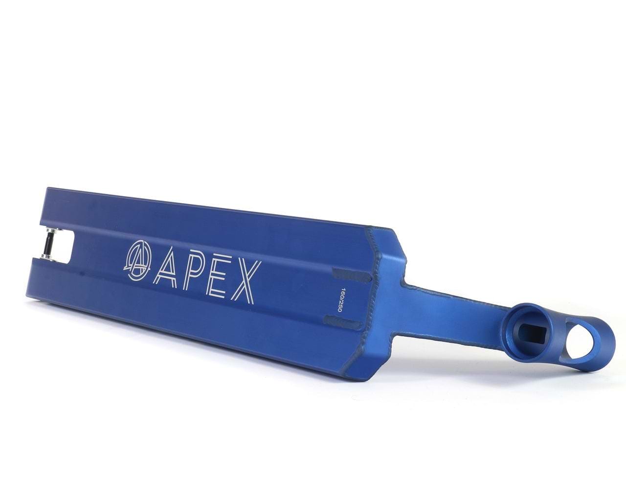 The Apex Pro Blue Boxed Stunt Scooter Deck - 5" x 20.1" features a sleek, flat design in blue with durable boxed deck ends. The deck prominently displays the Apex brand logo, and its rectangular shape includes a cutout at the end along with a circular attachment point for the wheels.