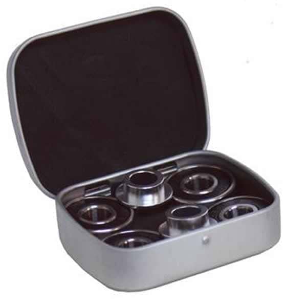 A compact silver case holding four Blunt Envy ABEC 9 scooter bearings, its lid ajar to reveal the neatly arranged spacers and bearings inside. The interior is lined with dark material, making it an ideal choice for top riders who value precision and quality.