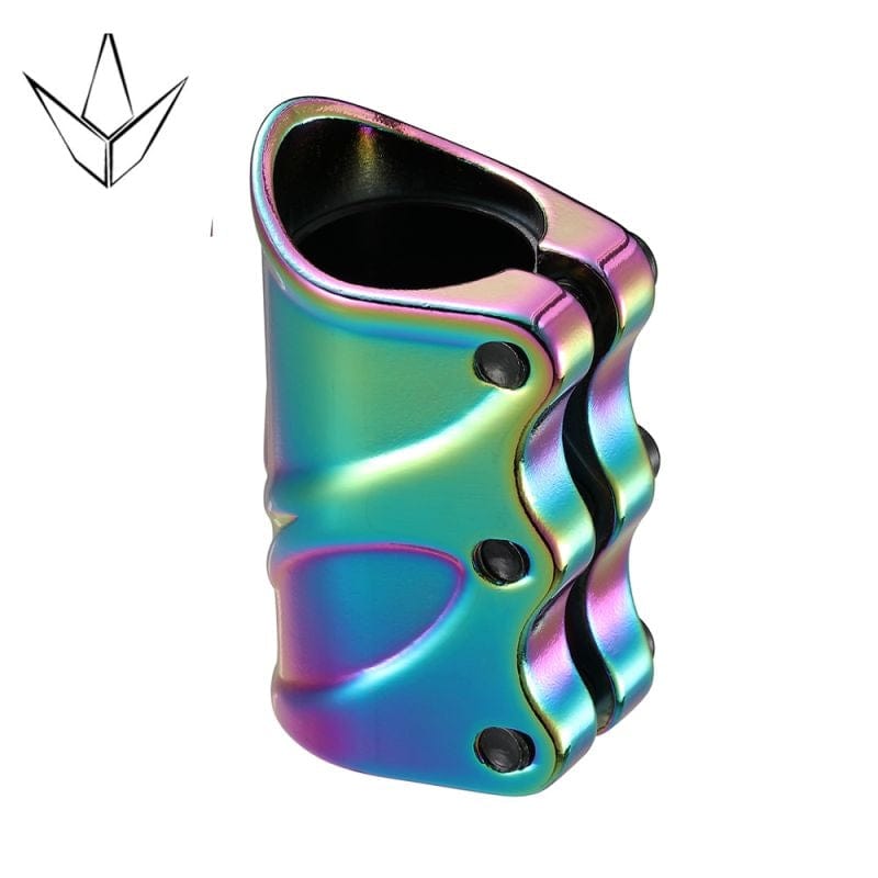 The Blunt Envy Forged 3 Bolt Oversized SCS Stunt Scooter Clamp in Oil Slick Neochrome is a high-grade aluminum clamp from the Blunt Envy brand, showcasing a metallic iridescent finish with a wavy design and featuring three bolts. It boasts an impressive gradient of colors that transition seamlessly from blue to purple.
