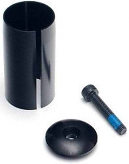 The Blunt Envy HIC Scooter Compression Kit includes a black cylindrical metal spacer with a vertical slit, accompanied by a matching black cap with a central hole, and a sleek black bolt featuring blue threading. Ideal for incorporating into your Blunt Envy scooter forks or as part of an HIC Compression Kit, all displayed against a white background.