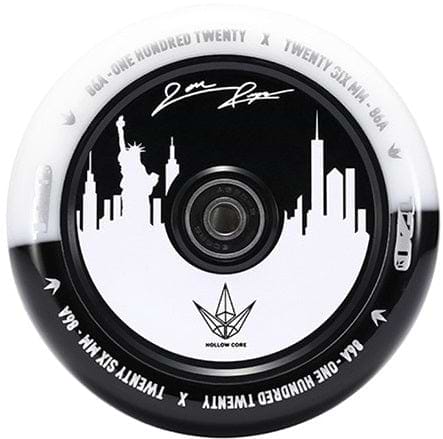 The Blunt Envy 120mm Jon Reyes Signature Hollow Core Stunt Scooter Wheel in black and white features a city skyline silhouette with the Statue of Liberty. In the center, it boasts a circular metallic component and Jon Reyes' signature, encircled by various model specifications on the rim, showcasing the expertise in hollow core wheel design.