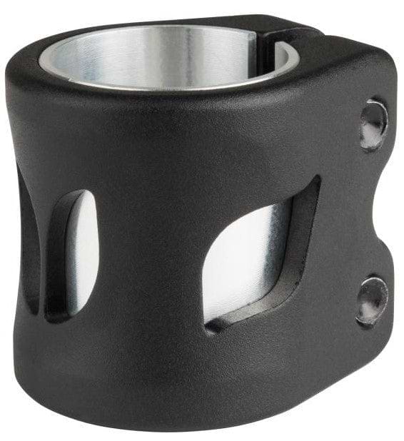 A close-up of the Blazer Pro Altus 2 Bolt Oversized Stunt Scooter Clamp in black, designed with IHC compression and featuring two bolts. This sleek clamp from Blazer Pro highlights its lightweight structure with cutouts, making it a perfect addition to your collection of black scooter parts.
