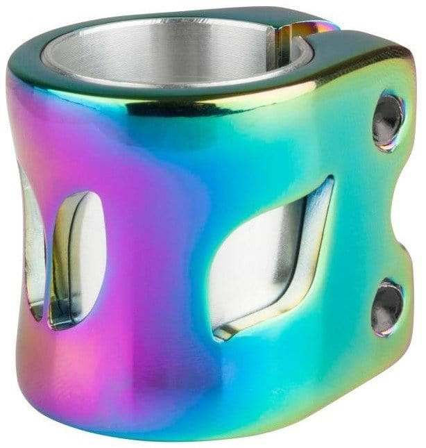 Introducing the Blazer Pro Altus 2 Bolt Oversized Stunt Scooter Clamp in Neochrome: a sleek, iridescent metal piece with dual screw holes, perfect for Black scooter parts. Featuring shades of blue, purple, green, and gold and a convenient side opening, it is ideal for IHC and HIC compression systems.