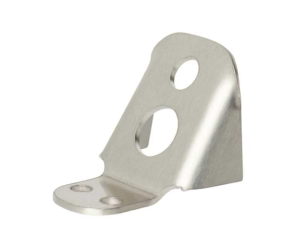 A silver metal bracket with a bent angle design, featuring two circular holes and two smaller mounting holes at the base, offers a smooth and shiny surface. This bracket is perfect for securing or mounting the Apex Foot Fender Wheel Guard by Apex.
