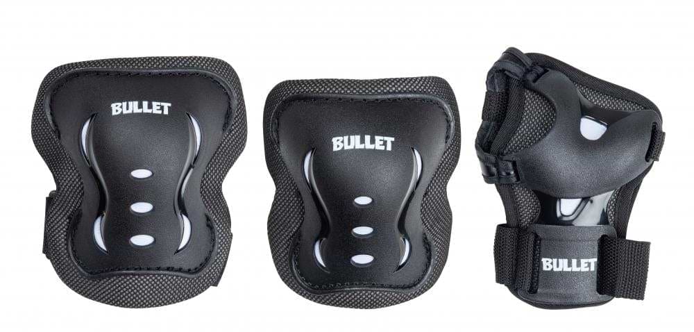 Introducing the Bullet Blast V2 Junior Triple Skate Protection Pad Set in Black/White, this protective gear includes two knee pads and one wrist guard, all showcasing the "Bullet" branding for style. Designed with safety and comfort in mind, these pads feature a sleek design with cushioning and adjustable straps.