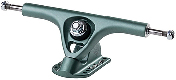 The Paris V3 Sage Green Longboard Truck, with its distinct teal hue, features a centrally placed shiny bolt and adjustable metal ends. Crafted using a proprietary alloy process, it boasts the brand's signature "Paris" logo on the baseplate, highlighting its sleek and practical design ideal for mounting.
