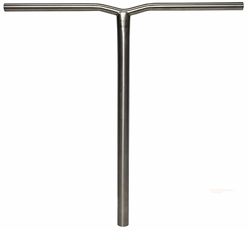 The handlebar, a Madd Gear MGP MFX BAMF Titanium Oversized SCS Stunt Scooter Bar, features a sleek T-shaped design crafted from Grade 9 Titanium to ensure durability and strength. Its smooth finish enhances its sophisticated aesthetic, making it the perfect choice for those seeking high-quality scooter bars without extra grips or features.