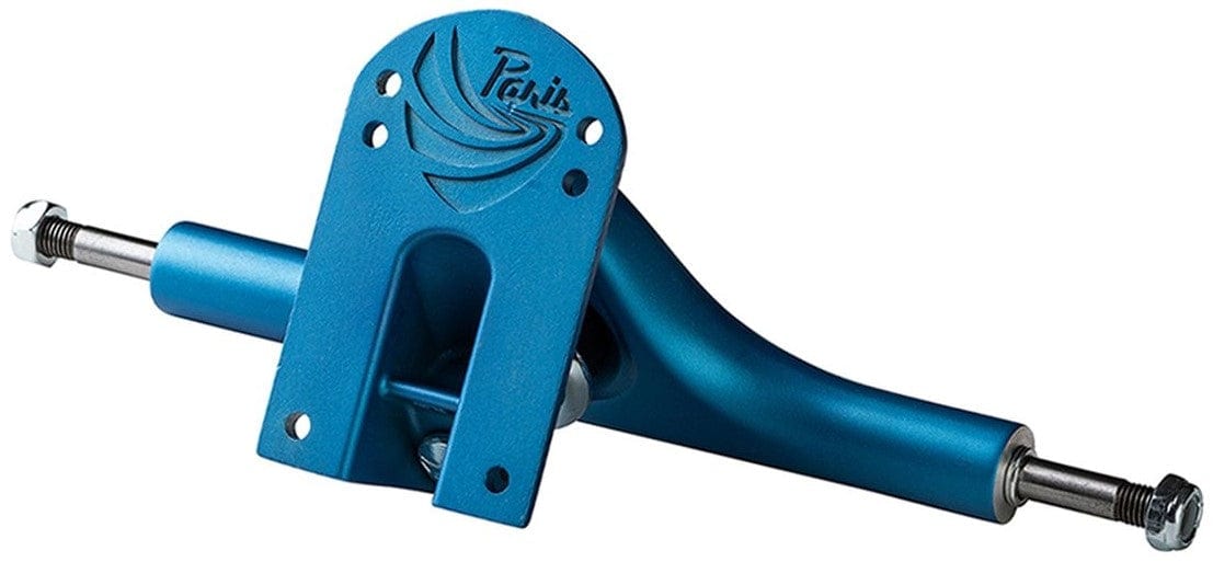 Paris V3 Cobalt Blue Longboard Trucks (Pair) - 180mm showcase a sleek metallic finish and intricate design details, including bolts on either end and a prominent logo. Displayed against a white background, these Paris brand trucks feature urethane components that enhance performance.