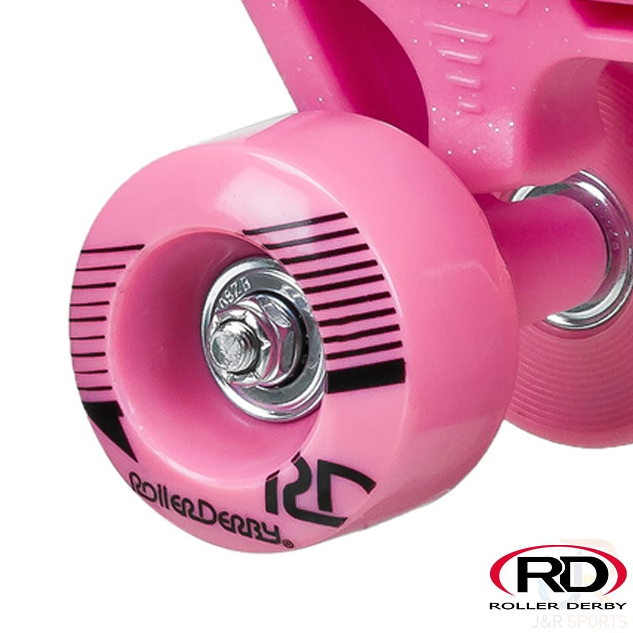 Close-up of a pink camo quad skate wheel with black stripes and "Roller Derby" branding, crafted from durable polyurethane as part of the Roller Derby Firestar V2 Quad Roller Skates. There's a visible axle bolt in the center, and the RD and Roller Derby J&R Sports logos are positioned in the bottom right corner.