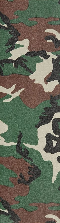 The Jessup Original 9" Skateboard Griptape - Camouflage features a classic woodland camouflage design with green, brown, beige, and black splotches in an irregular layout. It's ideal for skateboarders looking to combine style and function in their grips.