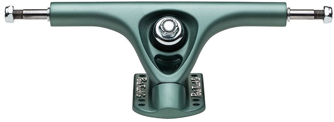 The Paris V3 Sage Green Longboard Trucks, manufactured using a proprietary alloy forming process and refined with T6 heat treatment, feature a sage green finish with "Paris Trucks" prominently engraved on the baseplate. They are complemented by a polished central kingpin, with axles extending from either side.