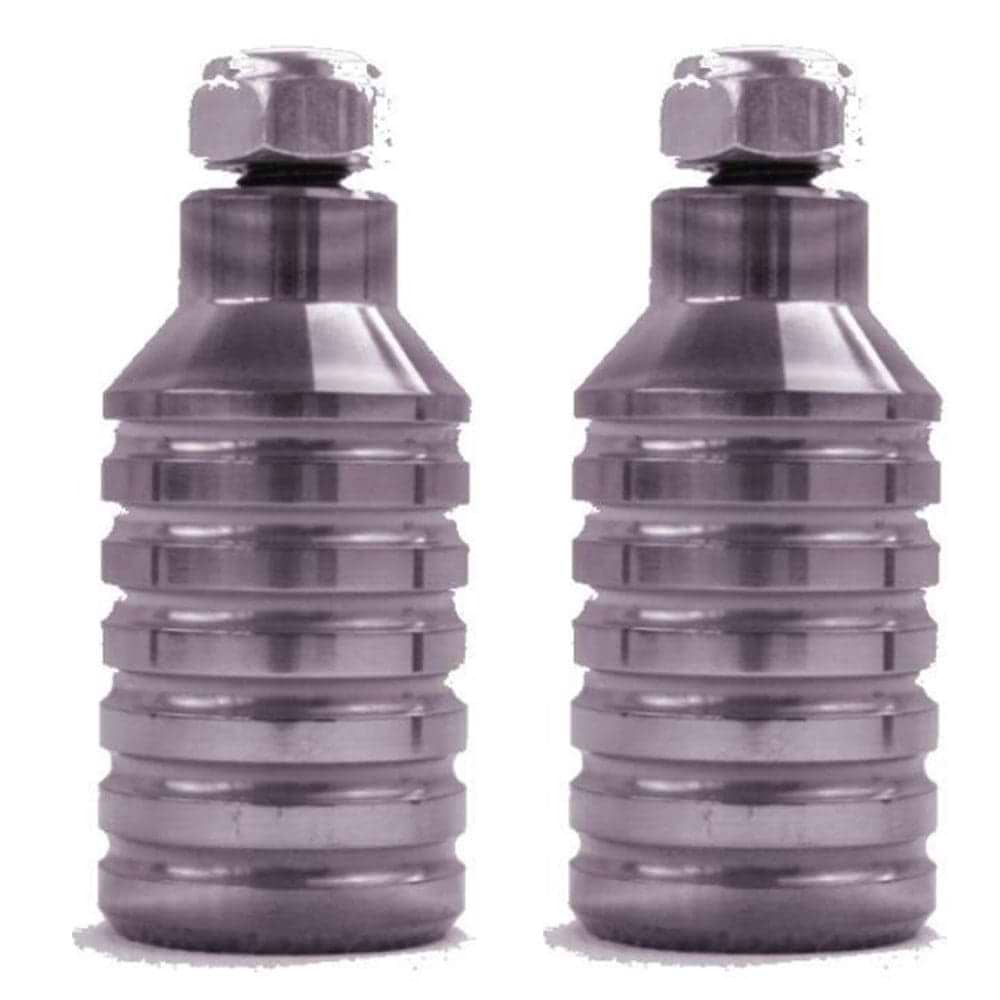 Two CNC machined, chrome, ribbed cylindrical objects with hexagonal bolts on top stand side by side against a white background. These Dare Sports Stunt Scooter Pegs are ideal for enthusiasts seeking durability and style.