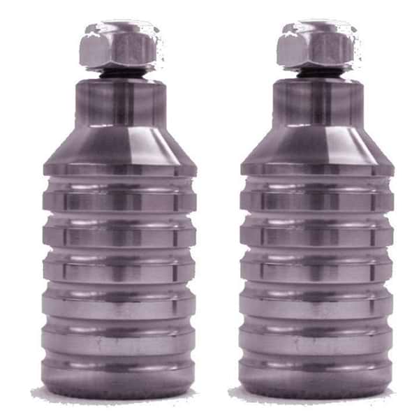 Two CNC machined, chrome, ribbed cylindrical objects with hexagonal bolts on top stand side by side against a white background. These Dare Sports Stunt Scooter Pegs are ideal for enthusiasts seeking durability and style.