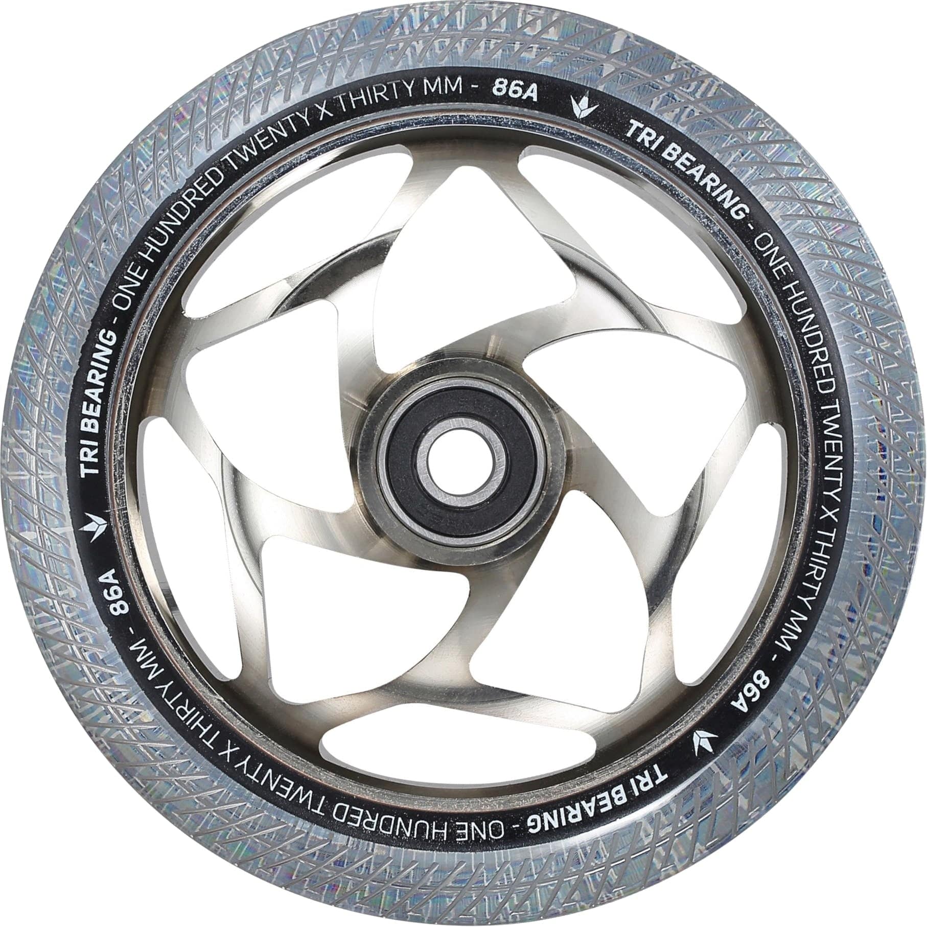 Introducing the Blunt Envy Tri-Bearing 120mm X 30mm Scooter Wheel in Chrome/Clear, featuring a Tri-Bearing design for enhanced control, a stylish patterned outer rim, and a central bearing. The outer edge is elegantly labeled "TRI BEARING ONE HUNDRED TWENTY X THIRTY MM 86A," while its sleek, shiny finish adds to its aesthetic allure.