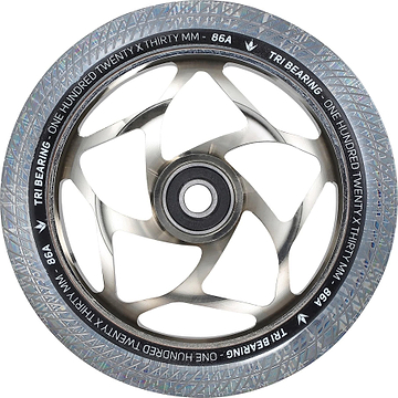 Introducing the Blunt Envy Tri-Bearing 120mm X 30mm Scooter Wheel in Chrome/Clear, featuring a Tri-Bearing design for enhanced control, a stylish patterned outer rim, and a central bearing. The outer edge is elegantly labeled "TRI BEARING ONE HUNDRED TWENTY X THIRTY MM 86A," while its sleek, shiny finish adds to its aesthetic allure.