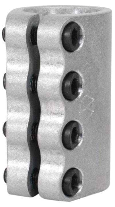 The Native Stem 4 Bolt SCS Standard Scooter Clamp in raw silver aluminum showcases a wavy design with six black hex socket screws neatly aligned along its textured surface. This clamp possesses a rugged, industrial look that is ideal for street riding needs.