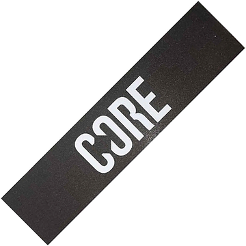 A black rectangular product featuring the bold, white "CORE" logo, ideal for anyone wanting to personalize their scooter—this could be the CORE Classic Stunt Scooter Griptape, which enhances both style and performance for your stunt scooter.