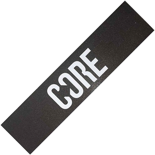 A black rectangular product featuring the bold, white "CORE" logo, ideal for anyone wanting to personalize their scooter—this could be the CORE Classic Stunt Scooter Griptape, which enhances both style and performance for your stunt scooter.