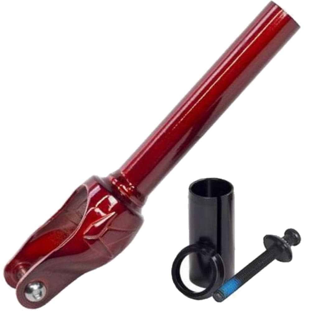 The Blunt Envy Colt IHC Stunt Scooter Forks in Trans Red, accompanied by a matching red clamp, a black spacer, and a bolt with a blue thread section, are set against a white background. This arrangement is ideal for riders who appreciate the Blunt Envy Colt aesthetic.
