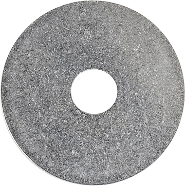 The Dial 911 M8 SCS Compression Cap - Standard Sized, from the Dial 911 brand, is a large silver metallic washer with a smooth, circular shape and a central hole. Displayed on a white background, its textured surface suggests a galvanized finish that gives it a mottled appearance, reminiscent of those used for scooter forks in M8 threads.