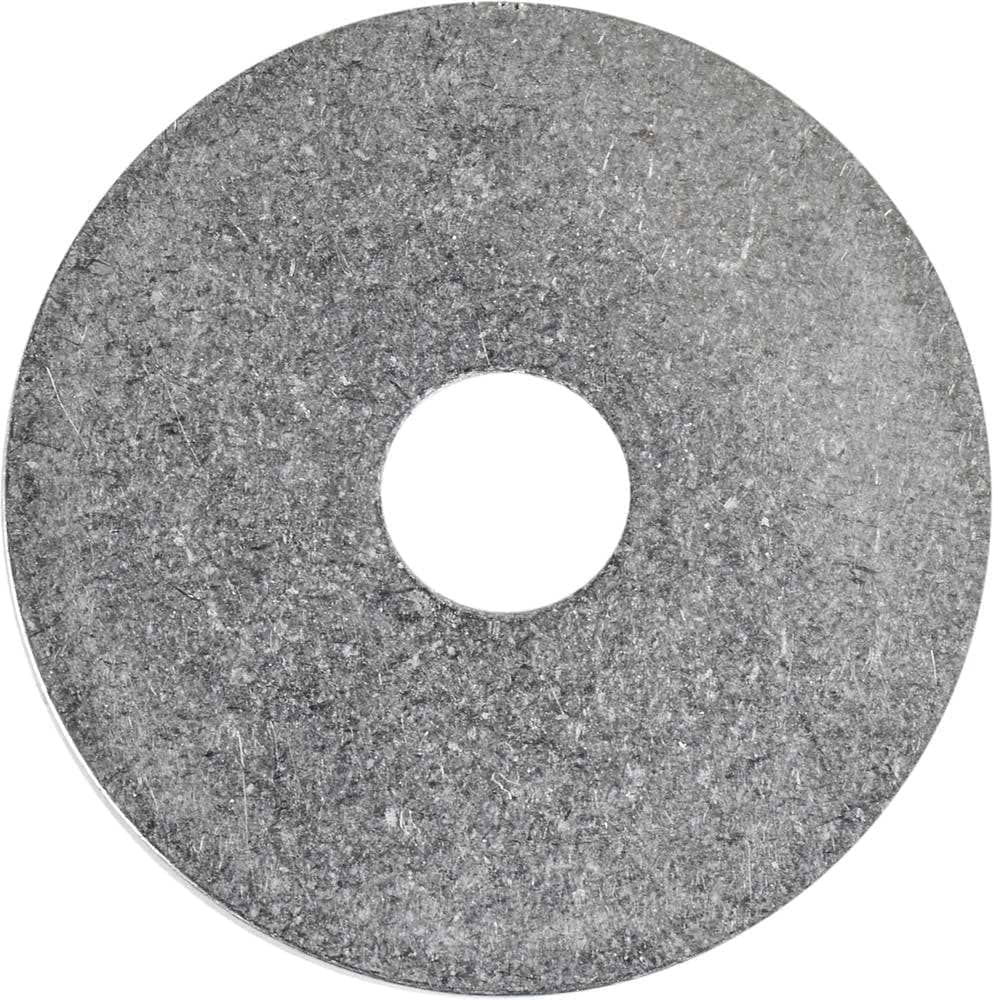 The Dial 911 M8 SCS Compression Cap - Standard Sized, from the Dial 911 brand, is a large silver metallic washer with a smooth, circular shape and a central hole. Displayed on a white background, its textured surface suggests a galvanized finish that gives it a mottled appearance, reminiscent of those used for scooter forks in M8 threads.