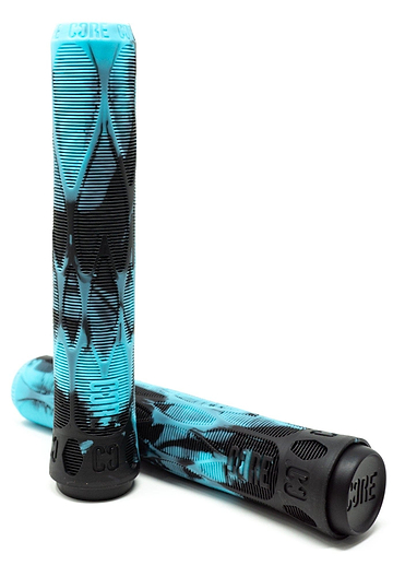 The CORE Pro scooter grips, featuring an Arctic Teal and Black pattern, stand elegantly against a white background. These 170mm handles are designed for stunt scooters with textured surfaces and proudly display the "CORE" logo. Crafted from a shock-absorbing compound to enhance impact protection, they are positioned upright and leaning against one another.