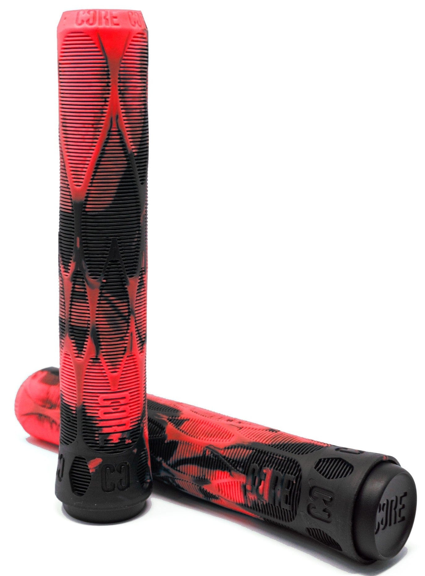 The sentence can be rewritten as:

A pair of interlocking CORE Pro Lava Red / Black Stunt Scooter Grips, measuring 170mm, features a red and black camo pattern with ribbed textures for enhanced grip. The "CORE" branding is displayed on both the ends and body. Crafted with a shock-absorbing compound for impact protection, these grips are showcased both vertically and horizontally against a white background.