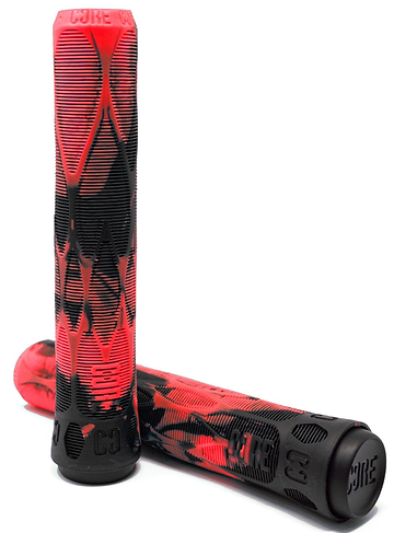 The sentence can be rewritten as:

A pair of interlocking CORE Pro Lava Red / Black Stunt Scooter Grips, measuring 170mm, features a red and black camo pattern with ribbed textures for enhanced grip. The "CORE" branding is displayed on both the ends and body. Crafted with a shock-absorbing compound for impact protection, these grips are showcased both vertically and horizontally against a white background.