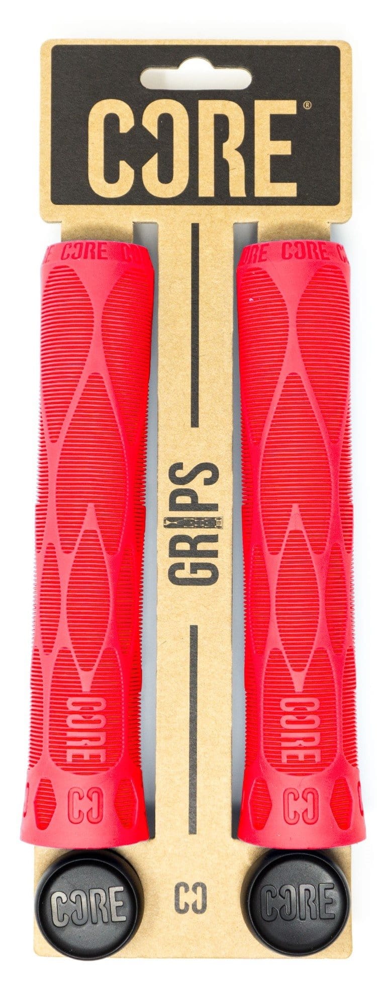 A pair of CORE Pro Red Stunt Scooter Grips - 170mm, ideal for stunt scooters, comes in sleek cardboard packaging labeled with the CORE logo. These grips feature a shock-absorbing compound and a textured design for impact protection. The black bar-end caps are also adorned with the CORE logo, and the minimalist packaging highlights "GRIPS" prominently in the center.