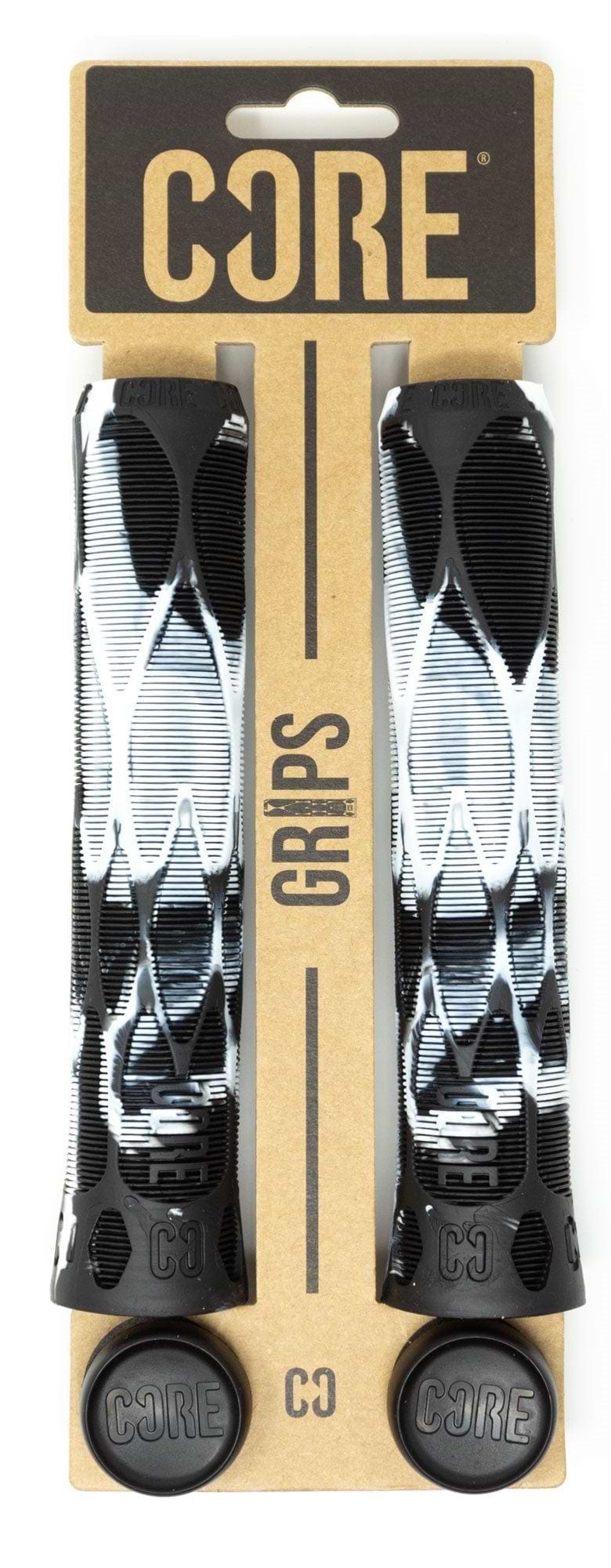 Displayed on brown packaging, the CORE Pro Slate White / Black Stunt Scooter Grips feature a textured pattern and measure 170mm. The brand "CORE" is prominently printed at the top and on the end caps of these grips, which include a shock-absorbing compound to ensure a smoother ride.