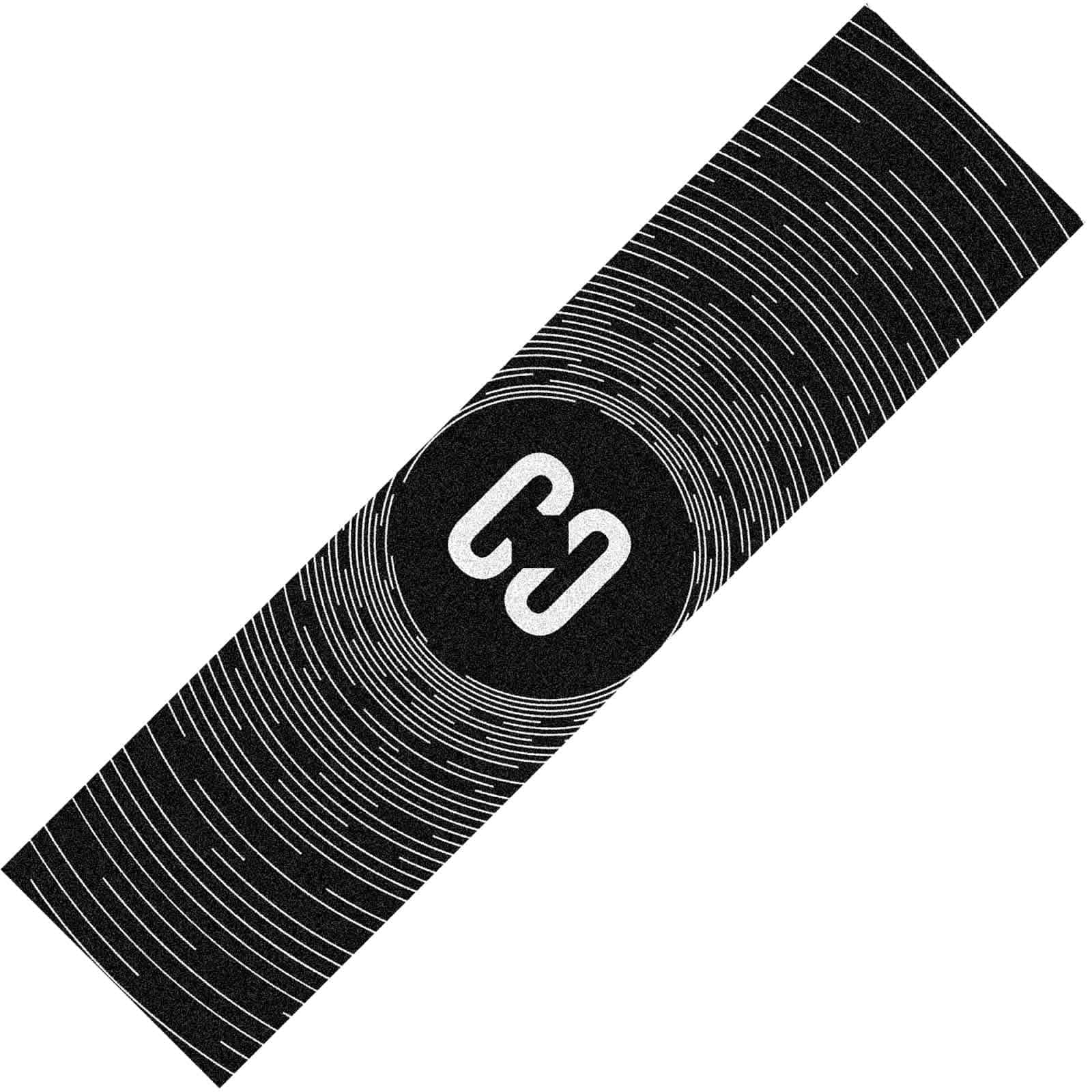 The CORE Classic Stunt Scooter Griptape - Circles, by CORE, showcases a black rectangular design adorned with white concentric lines forming a captivating ripple effect. At the center, two interlocking "C" letters compose the logo. This sleek griptape is an ideal choice for customizing scooter decks and infusing an abstract touch into any stunt scooter setup.