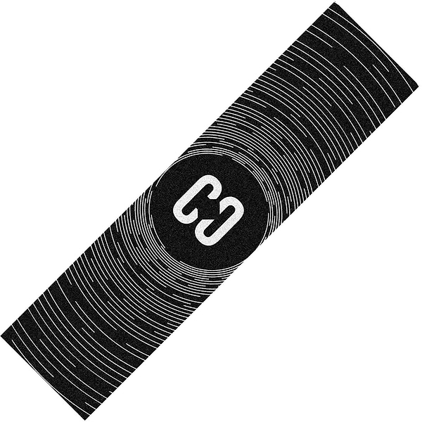 The CORE Classic Stunt Scooter Griptape - Circles, by CORE, showcases a black rectangular design adorned with white concentric lines forming a captivating ripple effect. At the center, two interlocking "C" letters compose the logo. This sleek griptape is an ideal choice for customizing scooter decks and infusing an abstract touch into any stunt scooter setup.