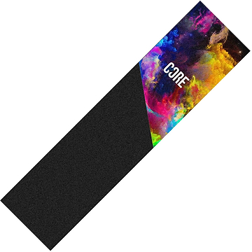 The CORE Split Stunt Scooter Griptape - Neon Galaxy offers a stunning black rectangular design with a vibrant two-tone pattern, ideal for personalizing your scooter.